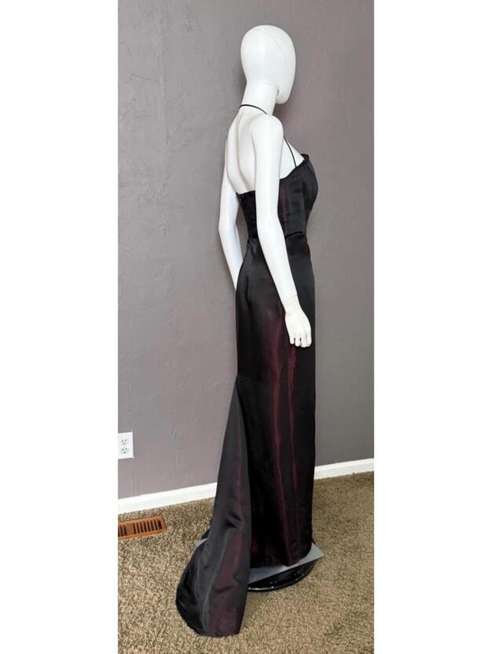 1990's Iridescent Black + Red Satin Gown by GEORGIOU Goth Goddess Sheath +Train - Picture 6 of 13